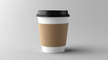 Blank coffee cup with sleeve on plain background