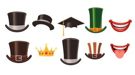 Set of various gentleman accessories like top hats, monocles, mustaches, and bow ties. Classic and vintage style. Vector illustration isolated on white background