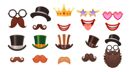 Collection of costume accessories with various mustaches, hats, crowns, and glasses. Playful and colorful design. Vector illustration isolated on white background