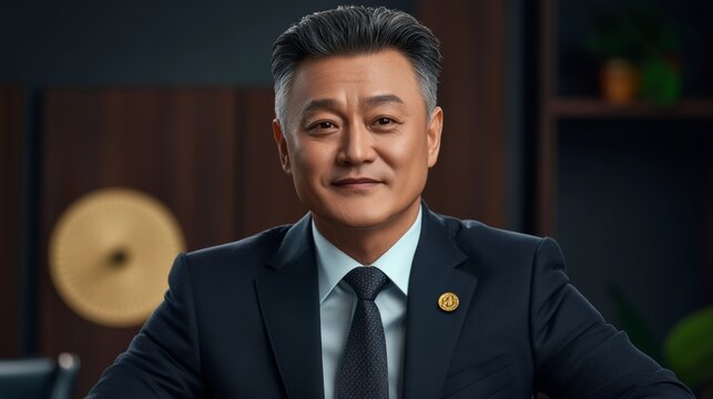 Man in a suit and tie is sitting at a desk. He is smiling and he is in a good mood