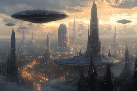 Futuristic cityscape with hovering spacecraft and towering structures at sunset in a sci-fi setting