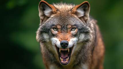 Fototapeta premium Close up of fierce wolf with open mouth, showcasing sharp teeth and intense eyes. wolf expression conveys strength and wildness in natural setting