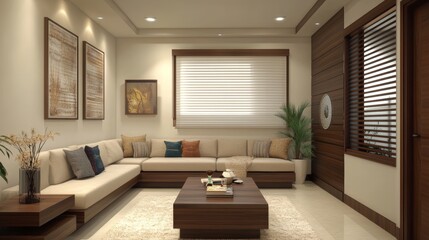 Fototapeta premium Modern Living Room Design Featuring Neutral Tones and Elegant Furnishings in a Spacious Home Interior