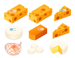 Isometric collection of cheese. Yellow Swiss cheese with holes. Orange cheddar block. Cheese wedges. White soft food. Round wheel meal. Various dairy products. Aged milk products. Vector illustration