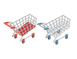 Set of two isometric steel shopping cart with blue and red handle. Metal grocery carrier. Supermarket equipment. Four-wheeled basket. Retail shopping tool. Vector illustration isolated on white
