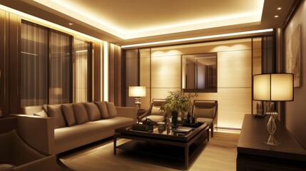 Fototapeta premium Modern Interior Design Showcasing a Stylish Living Room With Elegant Furnishings and Warm Lighting in a Contemporary Home Space During the Evening