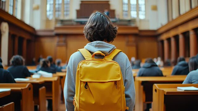 A student with a yellow backpack attends a formal courtroom lecture.