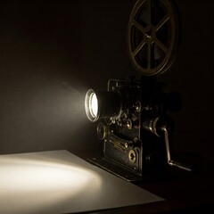 Naklejka premium Vintage Film Projector in Dark Room Casting Light Beam on Blank Screen - Classic Cinema Equipment Photography