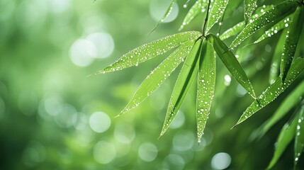 A misty morning in a bamboo grove, showcasing vivid green bamboo leaves covered in dewdrops. The blurred green background adds depth and mystery.