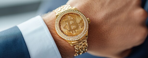 Futuristic Bitcoin economy A luxurious gold watch featuring a prominent Bitcoin symbol on its face, showcasing wealth and modern finance.