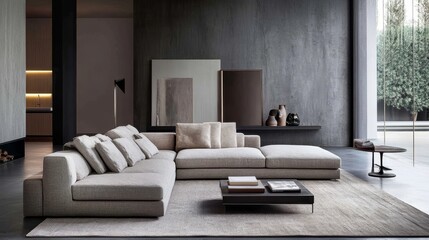 Fototapeta premium Modern Living Room Featuring a Spacious Sectional Sofa With Pillows and Minimalist Decor Under Natural Light in a Stylish Setting