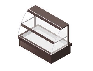 Glass display refrigerator with dark frame. Three-tier food showcase with transparent front. Retail cooler with shelves. Commercial display. Store equipment. Vector illustration isometric