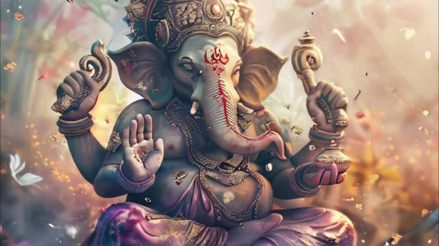 Bright holiday composition for happy Ganesh Chaturthi, abstract vivid composition consists of fictional unreal fantastic vision on background