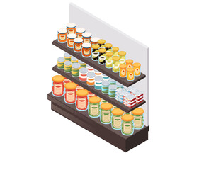 Grocery store shelving with jars and canned goods. Multi-tier retail display with colorful packaged products. Supermarket rack system. Food store equipment merchandise. Vector illustration isometric