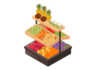 Grocery store produce display with fruits and vegetables. Multi-level food stand. Fresh market section with colorful produce. Retail food display with berries, oranges, apples. Isometric style vector