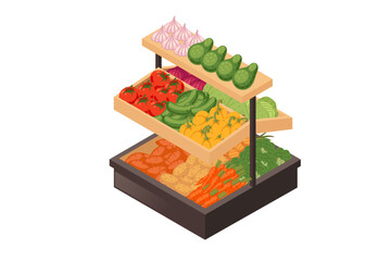 Display stand with colorful vegetables. Multi-tier grocery display with tomatoes, green cucumbers, carrots. Fresh market stand with tiered shelving. Supermarket vegetable section. Isometric vector