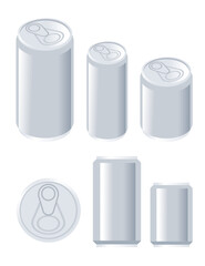 Isometric collection of beverage cans. Various cylindrical containers. Aluminum can set. Different sizes. Top and side views. Pull-tab design. Product mockup. Vector illustration isolated on white