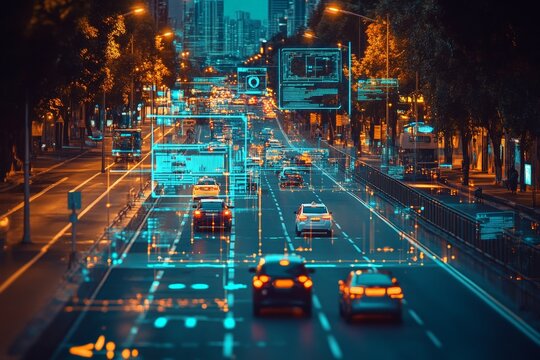 Urban street at twilight with digital overlays depicting traffic data and city infrastructure