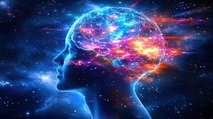 Obraz premium Cosmic brain design with glowing neural networks, abstract thought connections, and light pulses 