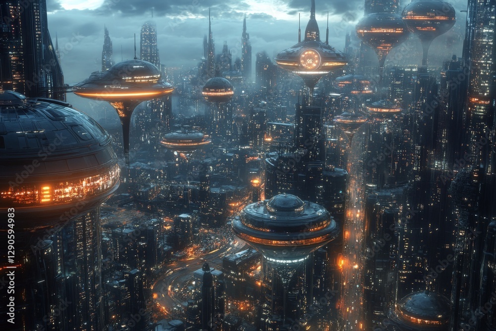 Poster futuristic city skyline at dusk with hovering structures and illuminated streets