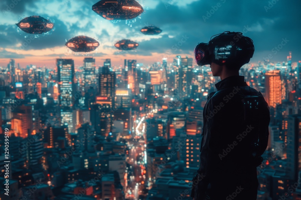 Poster virtual reality exploration over a futuristic city skyline at dusk with hovering spacecraft