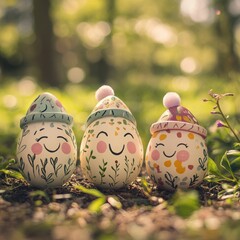 Handpainted Easter eggs with faces nature setting pastel colors