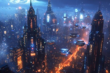 Naklejka premium Futuristic city skyline with flying vehicles at night showcasing glowing buildings and advanced technology