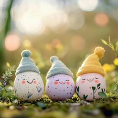 Handpainted Easter eggs with faces nature setting pastel colors