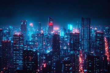Obraz premium Vibrant night cityscape illuminated by neon lights showcasing urban energy and modern architecture