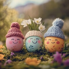 Handpainted Easter eggs with faces nature setting pastel colors