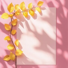 Minimalist pink A4 background with yellow leaves in sunlight
