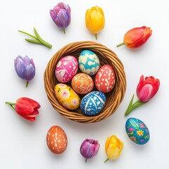 Vibrant handpainted Easter eggs in basket with tulip flowers