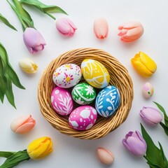 Vibrant handpainted Easter eggs in basket with tulip flowers