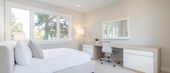 Modern and minimalist bedroom with a large window on the left side of the room. the window has white frames and is letting in natural light.