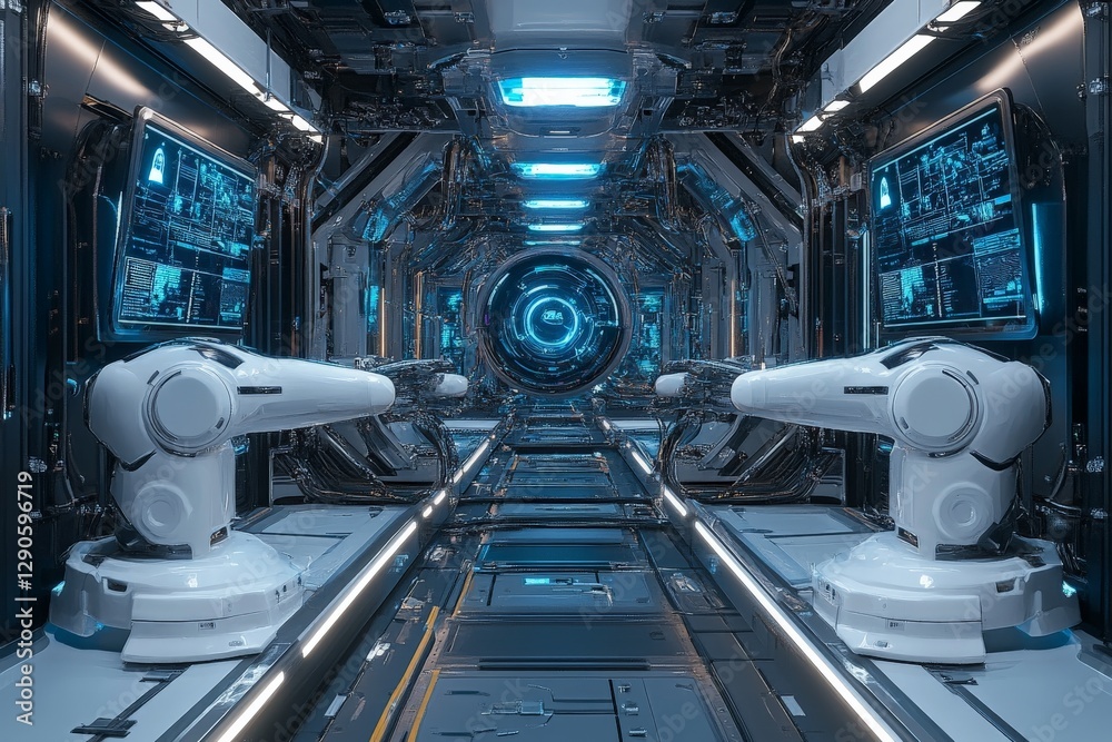 Poster high-tech robotic workspace designed for advanced automation in a futuristic environment