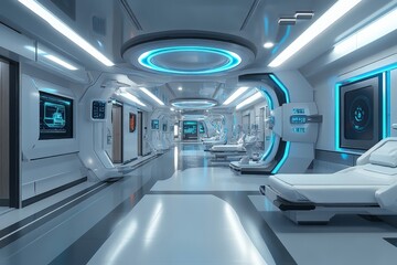 Obraz premium Modern futuristic hospital corridor with advanced technology and clean design