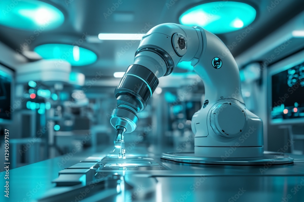 Poster advanced robotic arm performing precision tasks in a futuristic laboratory environment