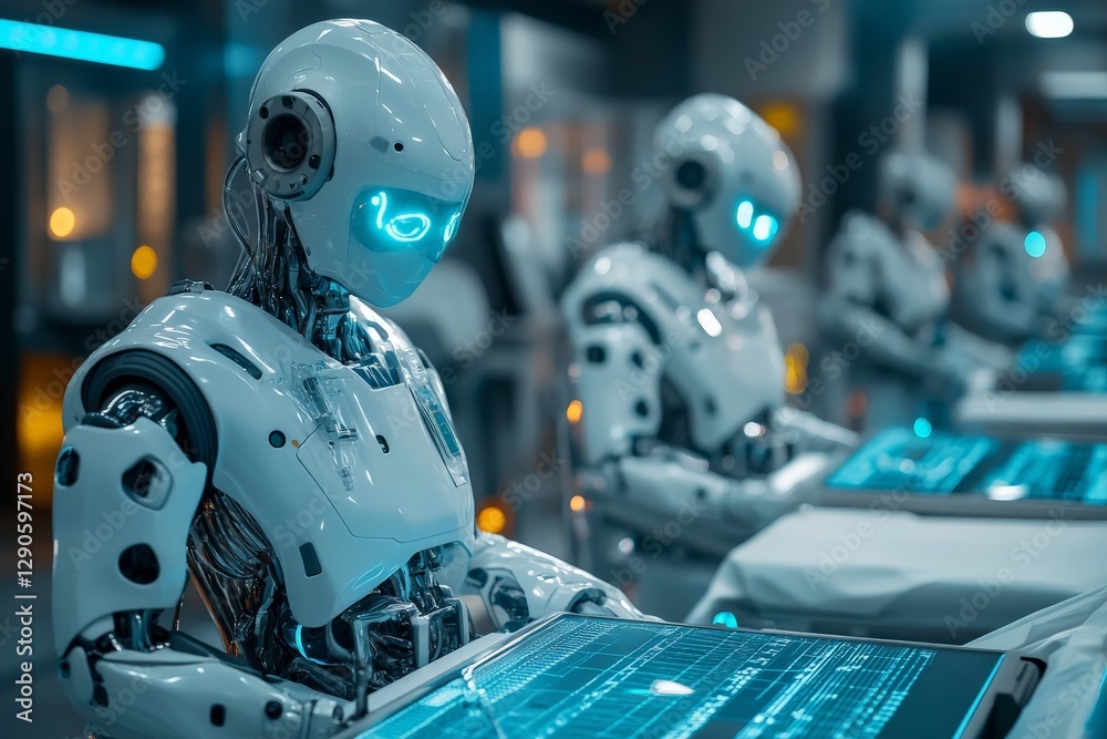 Fototapete Advanced robots engaged in complex data analysis in a modern technology facility at nighttime