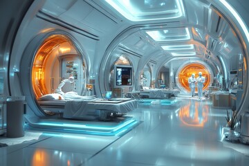Obraz premium Advanced medical facility with futuristic design showcasing healthcare professionals attending to patients