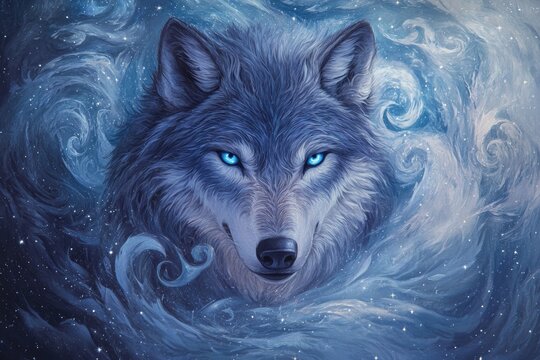 Majestic wolf emerges from swirling mist, showcasing piercing bl
