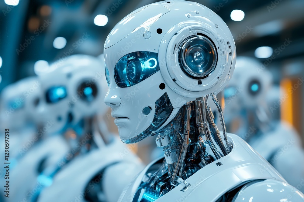 Fototapete futuristic robotic heads displayed in a modern tech conference showcasing advanced artificial intell