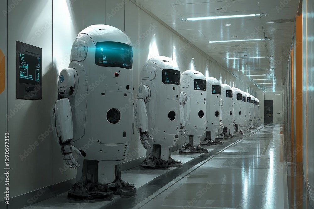 Aufkleber robots lined up in a futuristic corridor of a technology facility during daytime