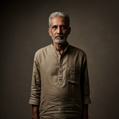 Obraz premium Portrait of a Mature Man in Casual Clothing Against a Dark Background - Expressive Stoic Expression Photography Ideal for Corporate Profiles and Artistic Projects