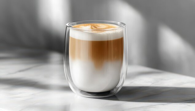 Latte Art in Glass: A double-walled glass cup showcases a layered latte with intricate latte art atop, the beverage exuding an inviting warmth against the soft backdrop