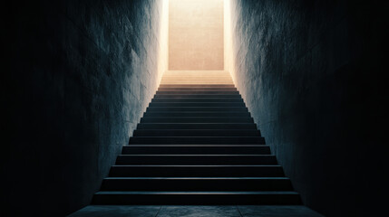dark staircase leads to bright light, creating sense of mystery and hope. contrast between shadows and illumination evokes feeling of anticipation and exploration
