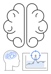 Simplistic brain icon emphasizes cognition, mental process, and analysis. Head with a tangled line implies creativity and focus. Graph highlights problem-solving. Ideal for tech, AI, psychology