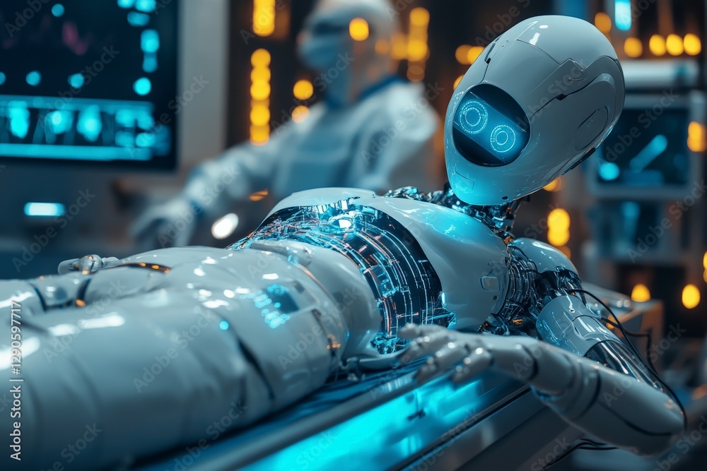 Leinwandbilder Advanced robotic examination in a high-tech laboratory with glowing components and focused researchers