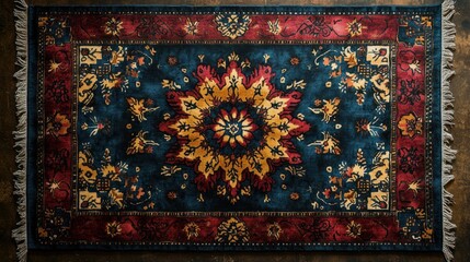 Vibrant Persian rug, overhead view, wooden floor, intricate design