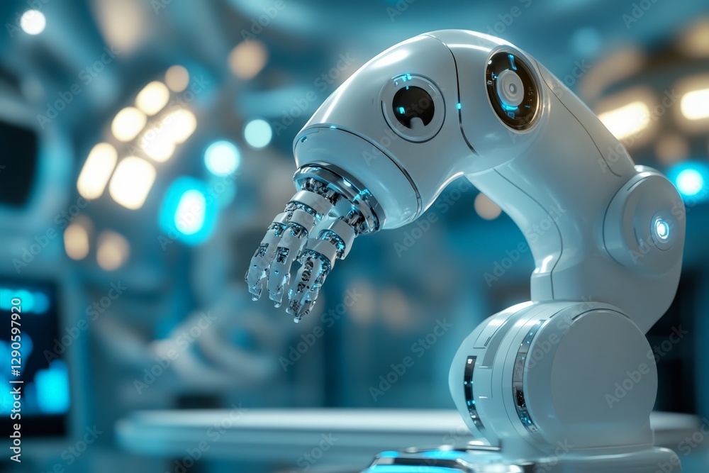 Fototapete Advanced robotic arm showcasing intricate design in a high-tech laboratory during a futuristic research project