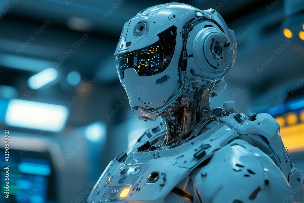 Aufkleber Futuristic humanoid robot in a high-tech laboratory setting during late evening hours